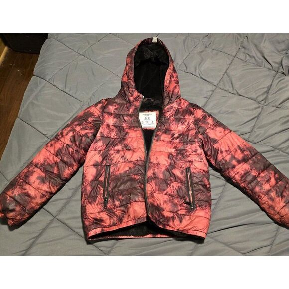 Abercrombe kids Pink & Black Tie-Dye Puffer Jacket W/ Hood XL - Picture 2 of 6